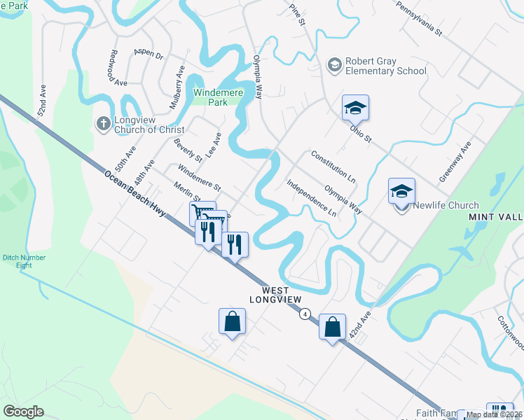 map of restaurants, bars, coffee shops, grocery stores, and more near 4564 Windemere Street in Longview