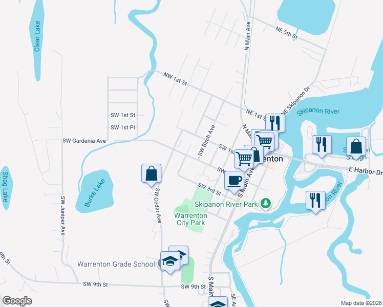 map of restaurants, bars, coffee shops, grocery stores, and more near 221 Southwest 2nd Street in Warrenton