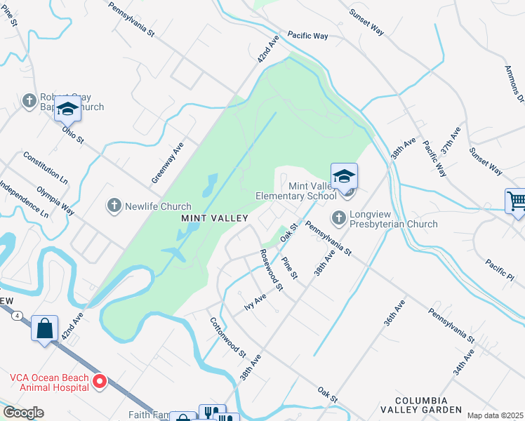 map of restaurants, bars, coffee shops, grocery stores, and more near 3858 Pennsylvania Street in Longview