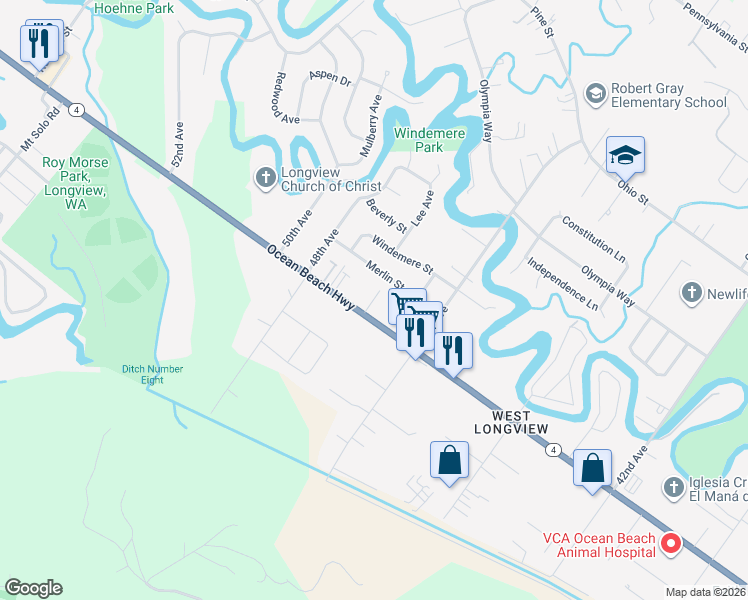 map of restaurants, bars, coffee shops, grocery stores, and more near 4671 Merlin Street in Longview
