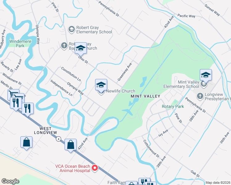 map of restaurants, bars, coffee shops, grocery stores, and more near 2461 42nd Ave in Longview
