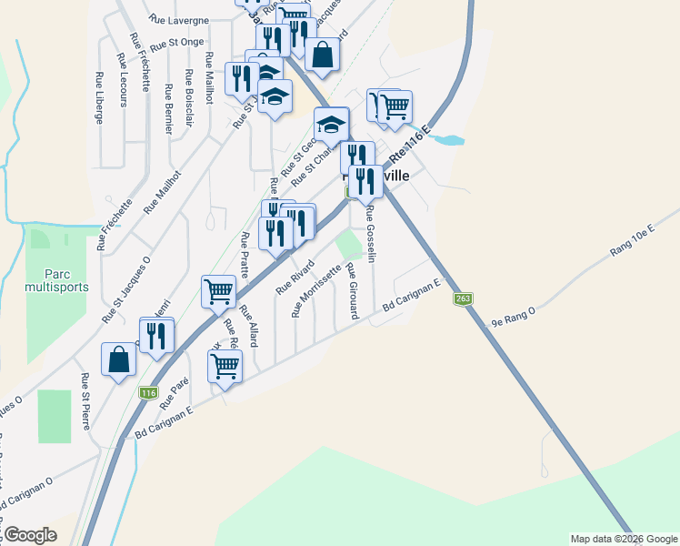 map of restaurants, bars, coffee shops, grocery stores, and more near 65 Rue Morrissette in Princeville