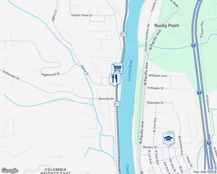 map of restaurants, bars, coffee shops, grocery stores, and more near 19 Alpha Drive in Longview
