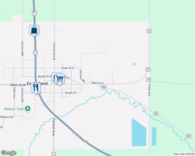 map of restaurants, bars, coffee shops, grocery stores, and more near 623 Main Street East in Eagle Bend