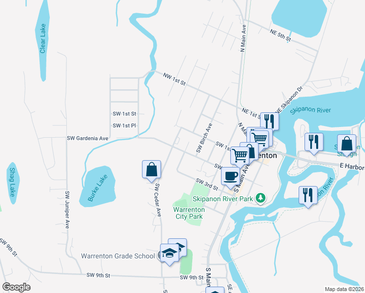 map of restaurants, bars, coffee shops, grocery stores, and more near 221 Southwest 2nd Street in Warrenton