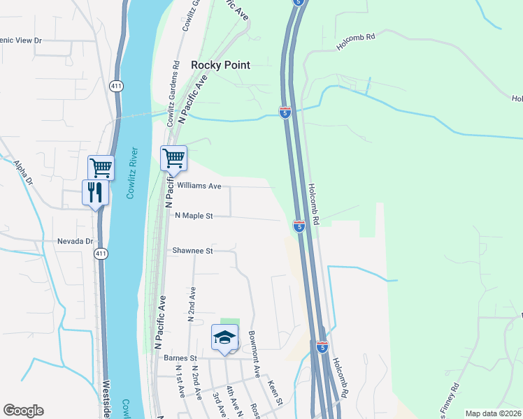 map of restaurants, bars, coffee shops, grocery stores, and more near 171 North Maple Street in Kelso