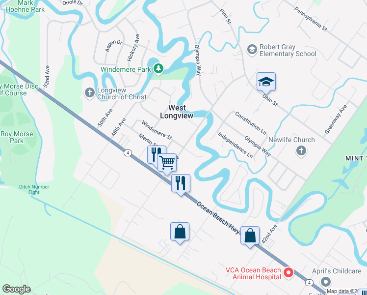 map of restaurants, bars, coffee shops, grocery stores, and more near 4600 Windemere Street in Longview