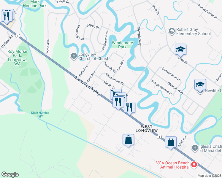 map of restaurants, bars, coffee shops, grocery stores, and more near 4671 Merlin Street in Longview