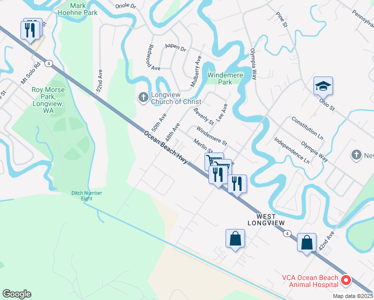 map of restaurants, bars, coffee shops, grocery stores, and more near 4718 Ocean Beach Highway in Longview