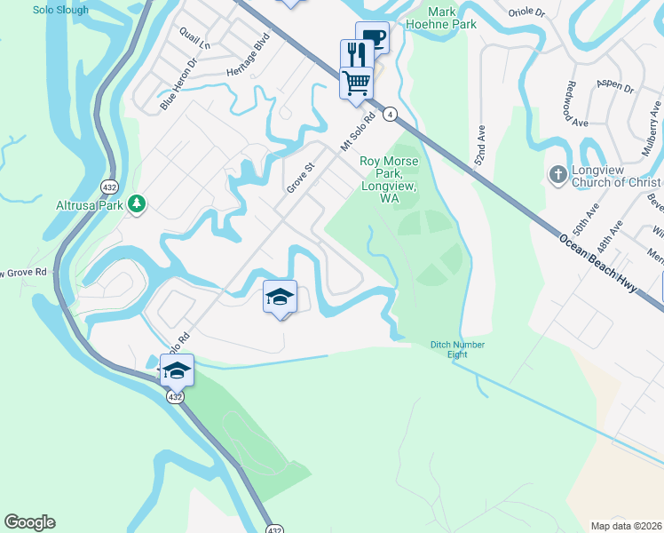 map of restaurants, bars, coffee shops, grocery stores, and more near 5600 Mount Solo Road in Longview