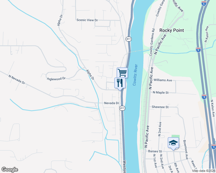 map of restaurants, bars, coffee shops, grocery stores, and more near 19 Alpha Drive in Longview