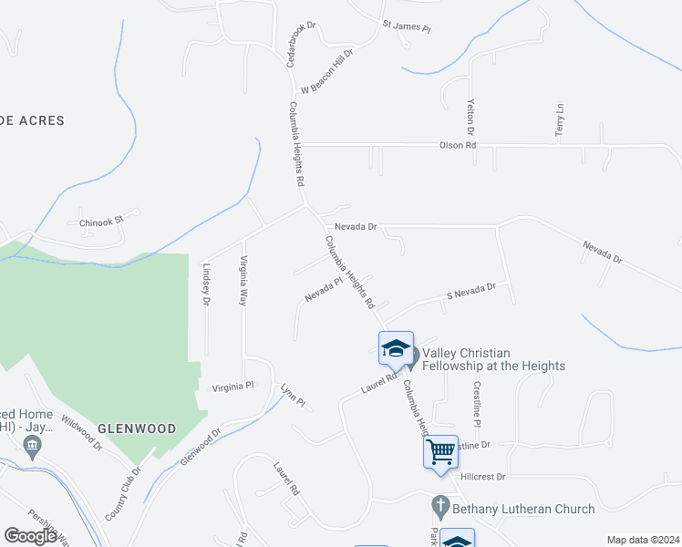 map of restaurants, bars, coffee shops, grocery stores, and more near 3403 Columbia Heights Road in Longview