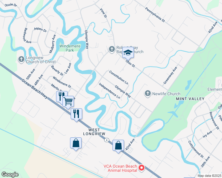 map of restaurants, bars, coffee shops, grocery stores, and more near 4438 Independence Lane in Longview