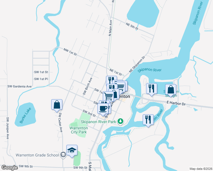 map of restaurants, bars, coffee shops, grocery stores, and more near 40 Southwest Alder Avenue in Warrenton