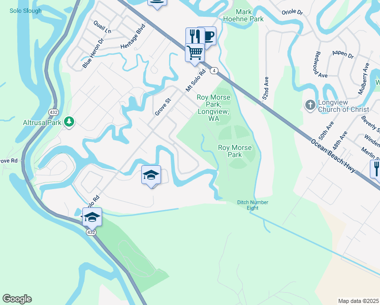 map of restaurants, bars, coffee shops, grocery stores, and more near 5600 Mount Solo Road in Longview
