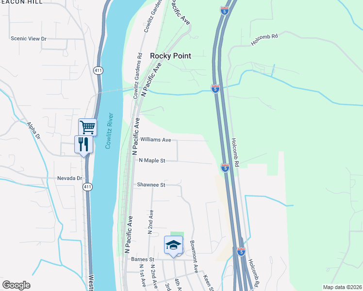 map of restaurants, bars, coffee shops, grocery stores, and more near 102 Nelson Street in Kelso