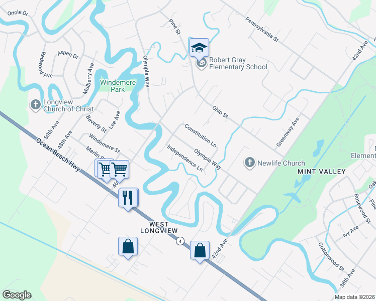 map of restaurants, bars, coffee shops, grocery stores, and more near 4462 Olympia Way in Longview