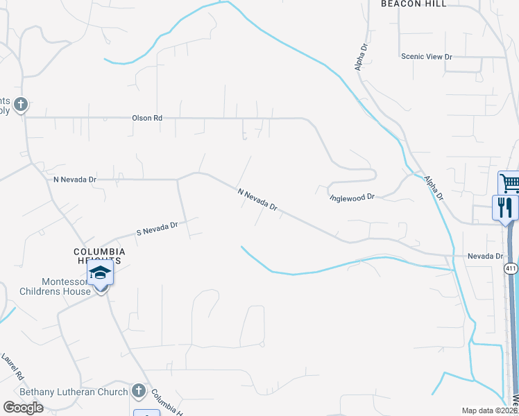 map of restaurants, bars, coffee shops, grocery stores, and more near 417 Nevada Drive in Longview