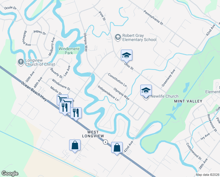 map of restaurants, bars, coffee shops, grocery stores, and more near 4462 Olympia Way in Longview