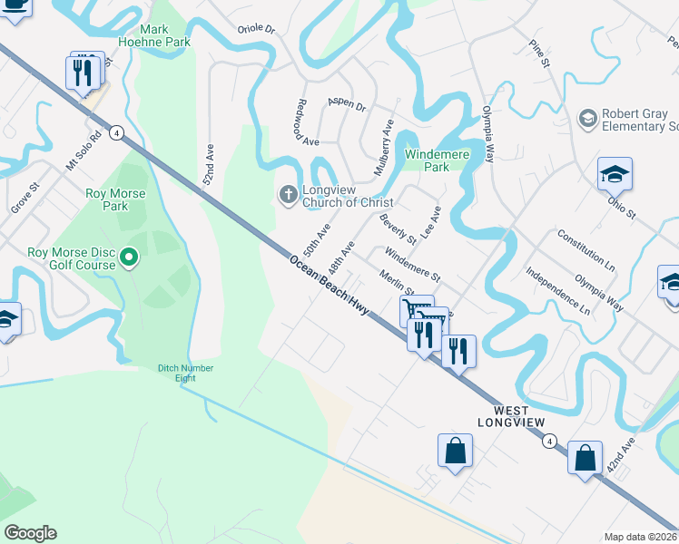 map of restaurants, bars, coffee shops, grocery stores, and more near 2204 48th Avenue in Longview