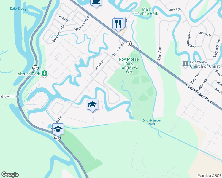 map of restaurants, bars, coffee shops, grocery stores, and more near 5600 Mount Solo Road in Longview