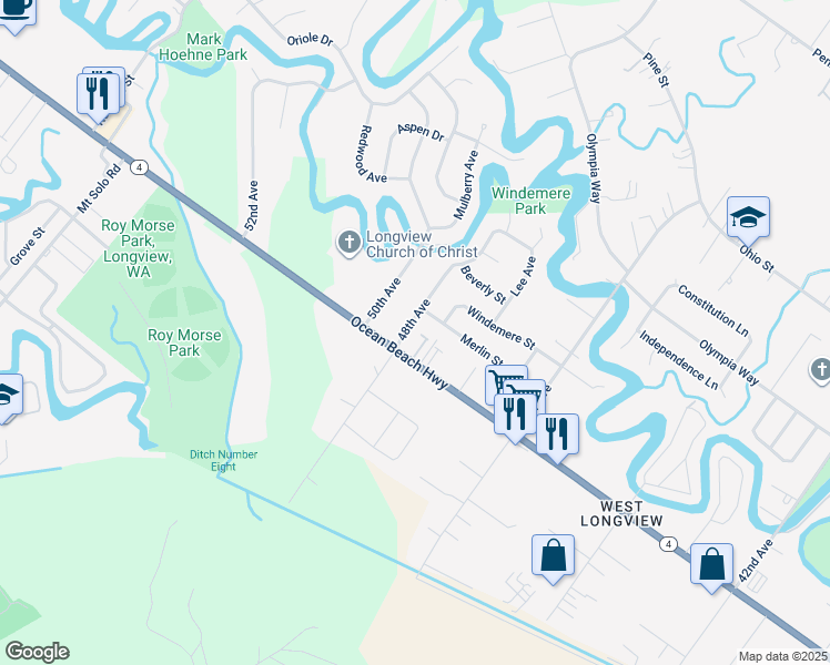 map of restaurants, bars, coffee shops, grocery stores, and more near 2225 48th Avenue in Longview