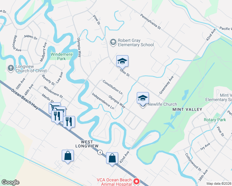 map of restaurants, bars, coffee shops, grocery stores, and more near 4445 Constitution Lane in Longview