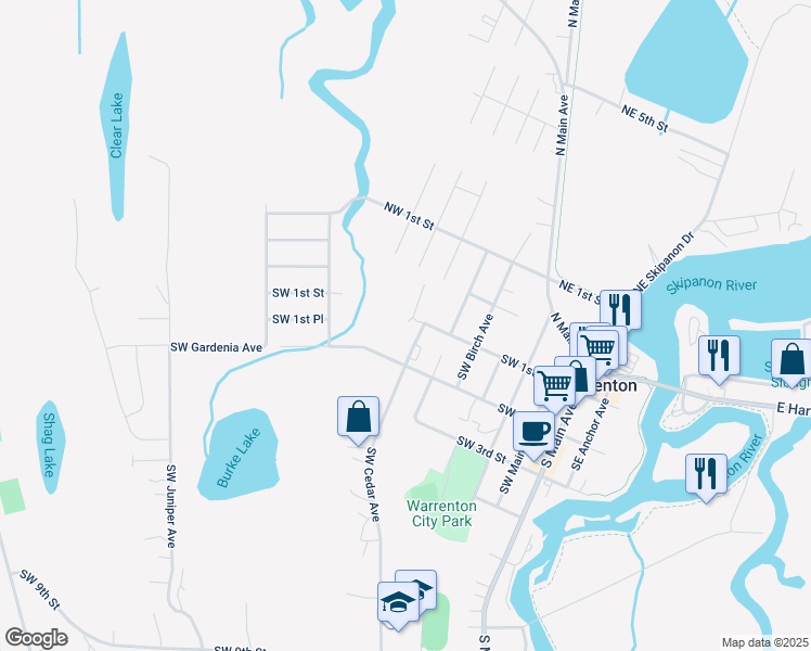 map of restaurants, bars, coffee shops, grocery stores, and more near 330 Southwest 1st Street in Warrenton