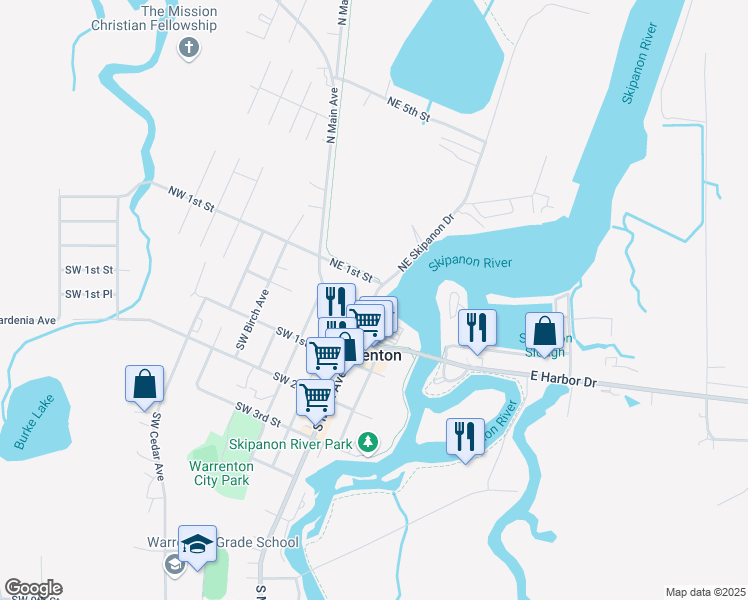 map of restaurants, bars, coffee shops, grocery stores, and more near 71 Northeast Skipanon Drive in Warrenton