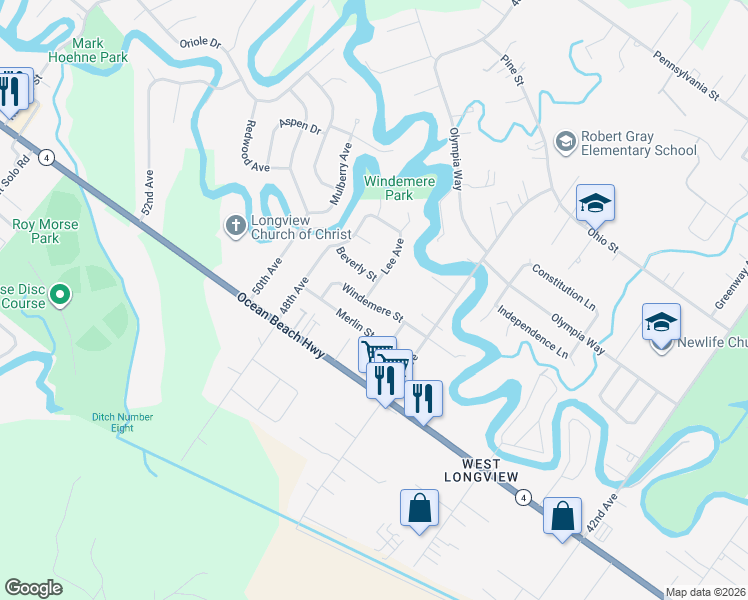 map of restaurants, bars, coffee shops, grocery stores, and more near 2244 Lee Avenue in Longview