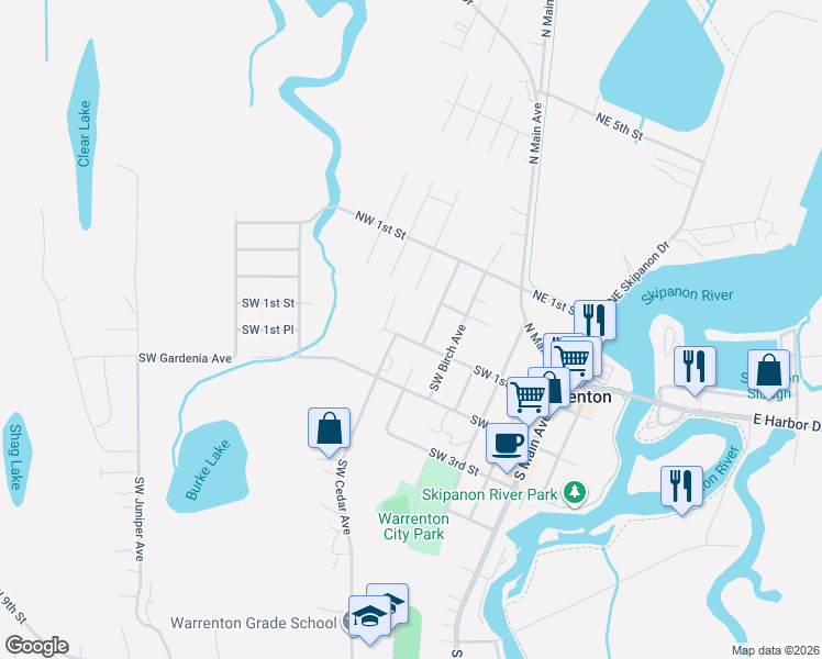 map of restaurants, bars, coffee shops, grocery stores, and more near 92-94-96 SW Cedar in Warrenton