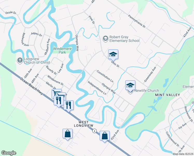 map of restaurants, bars, coffee shops, grocery stores, and more near 4462 Olympia Way in Longview
