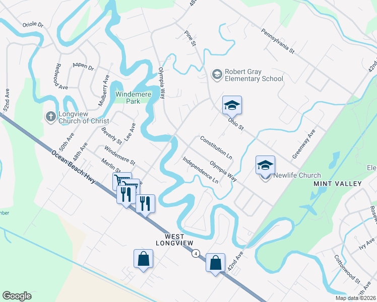 map of restaurants, bars, coffee shops, grocery stores, and more near 4 Independence Court in Longview