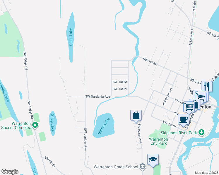map of restaurants, bars, coffee shops, grocery stores, and more near 137 Southwest Gardenia Avenue in Warrenton