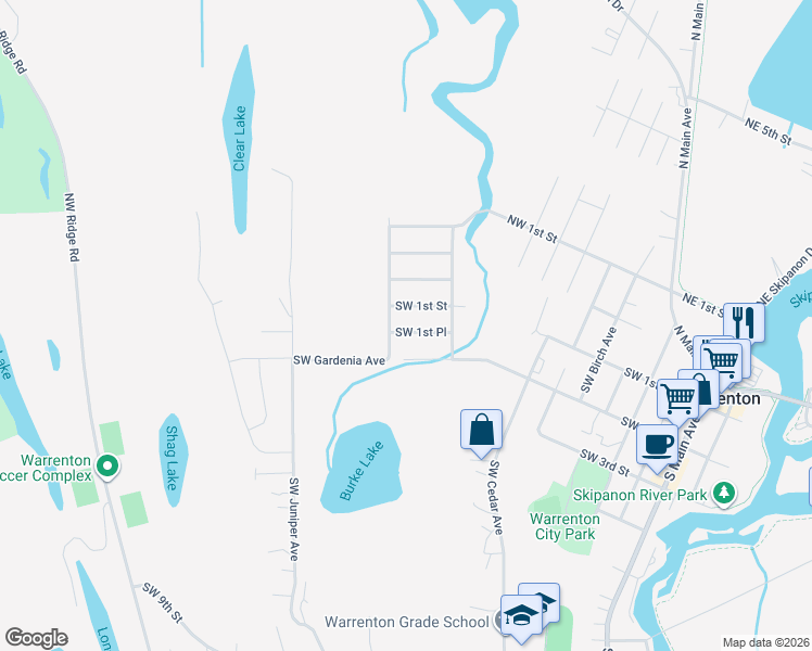 map of restaurants, bars, coffee shops, grocery stores, and more near 577 Southwest 1st Place in Warrenton