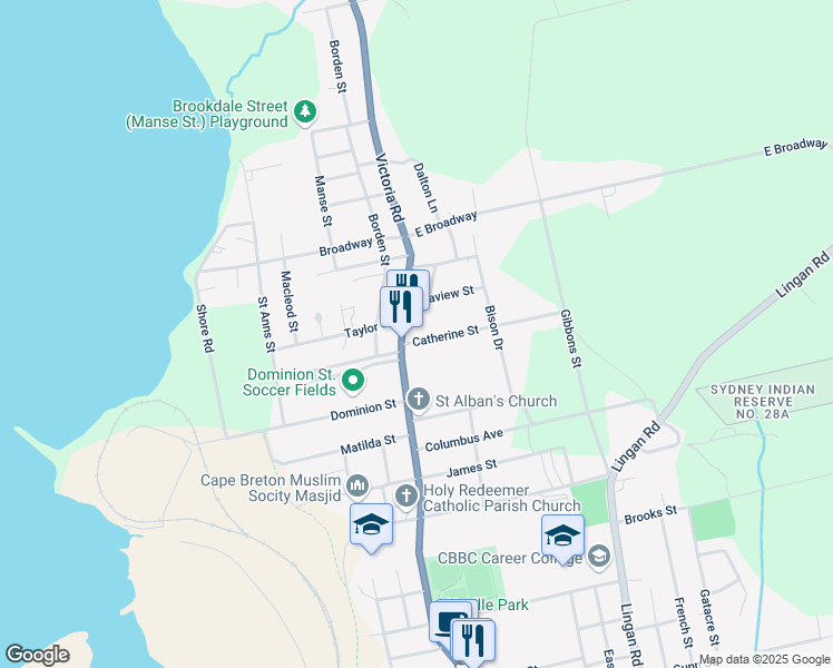 map of restaurants, bars, coffee shops, grocery stores, and more near 17 Catherine Street in Sydney
