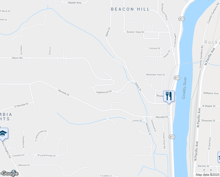 map of restaurants, bars, coffee shops, grocery stores, and more near 134 Inglewood Drive in Longview