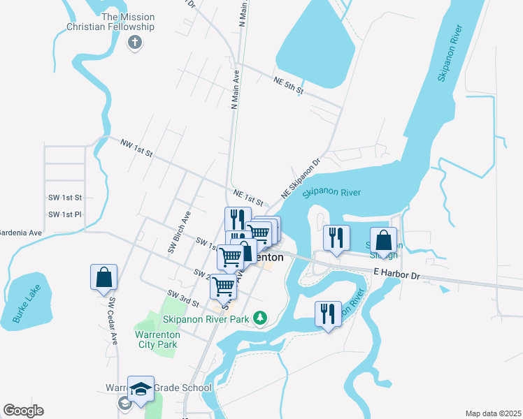 map of restaurants, bars, coffee shops, grocery stores, and more near 71 Northeast Skipanon Drive in Warrenton