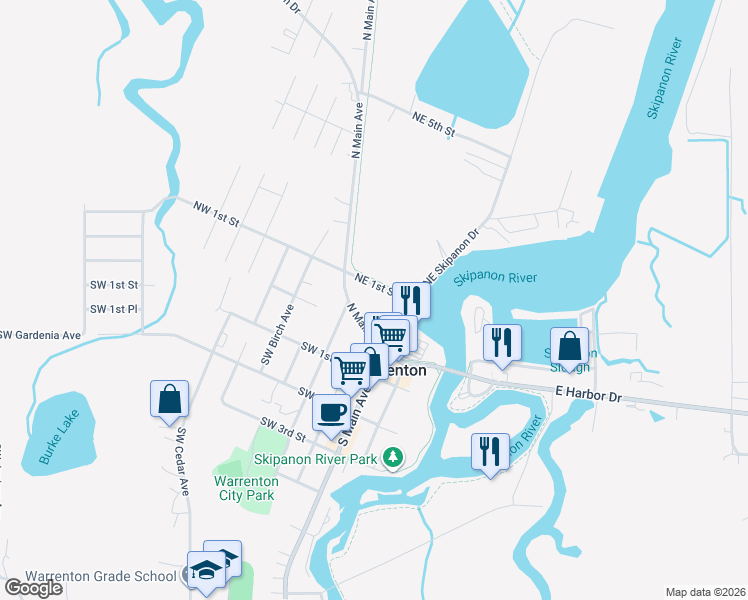map of restaurants, bars, coffee shops, grocery stores, and more near 50 Northeast 1st Street in Warrenton