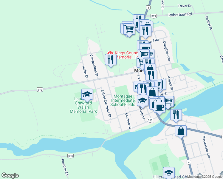 map of restaurants, bars, coffee shops, grocery stores, and more near 443 John Beer Drive in Montague