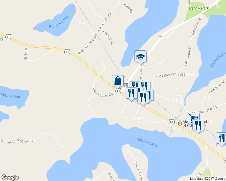 map of restaurants, bars, coffee shops, grocery stores, and more near 5250 State House Circle in Mercer