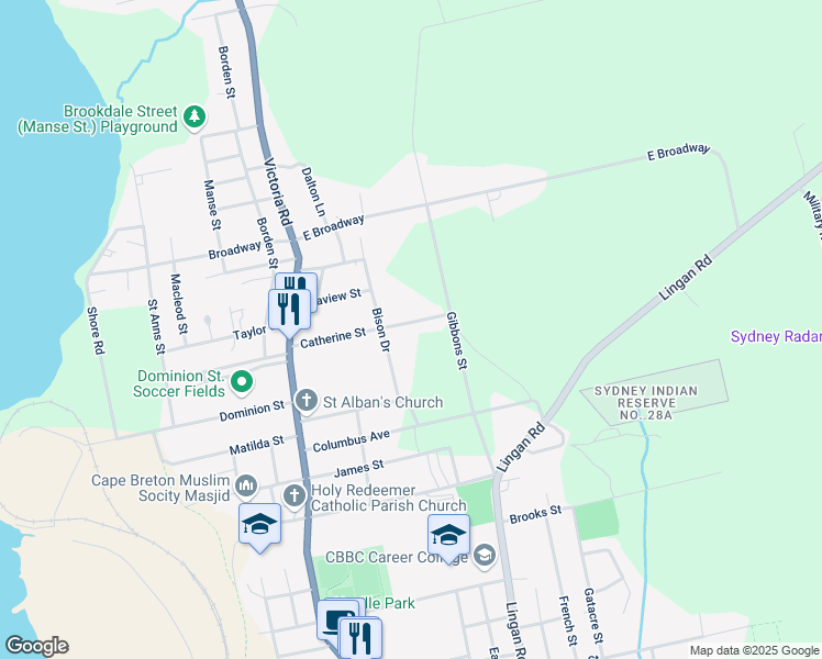 map of restaurants, bars, coffee shops, grocery stores, and more near 124 Catherine Street in Sydney