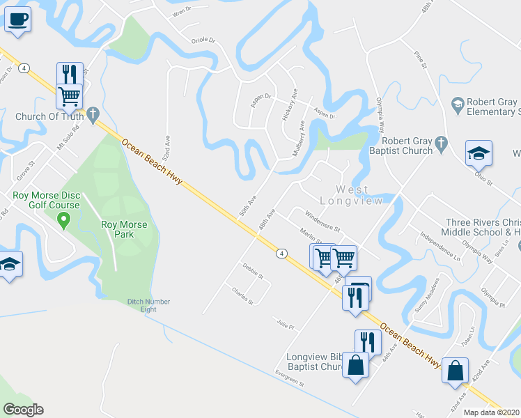 map of restaurants, bars, coffee shops, grocery stores, and more near 2225 48th Avenue in Longview