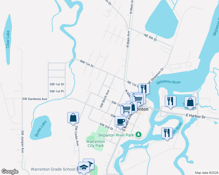 map of restaurants, bars, coffee shops, grocery stores, and more near 0 Northwest Birch Avenue in Warrenton