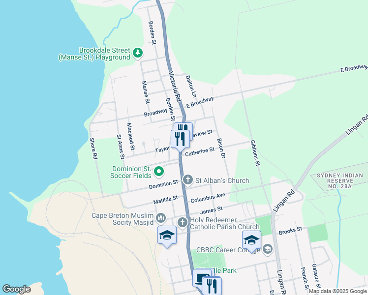 map of restaurants, bars, coffee shops, grocery stores, and more near 17 Catherine Street in Sydney