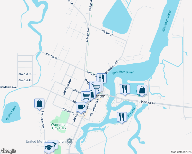 map of restaurants, bars, coffee shops, grocery stores, and more near 71 Northeast Skipanon Drive in Warrenton