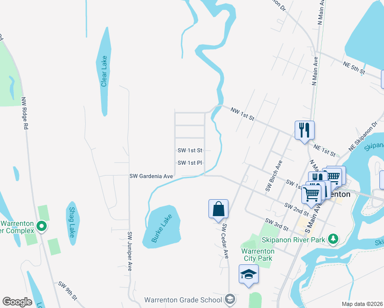map of restaurants, bars, coffee shops, grocery stores, and more near 577 Southwest 1st Place in Warrenton