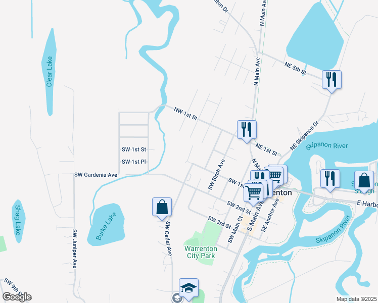 map of restaurants, bars, coffee shops, grocery stores, and more near 330 Southwest 1st Street in Warrenton