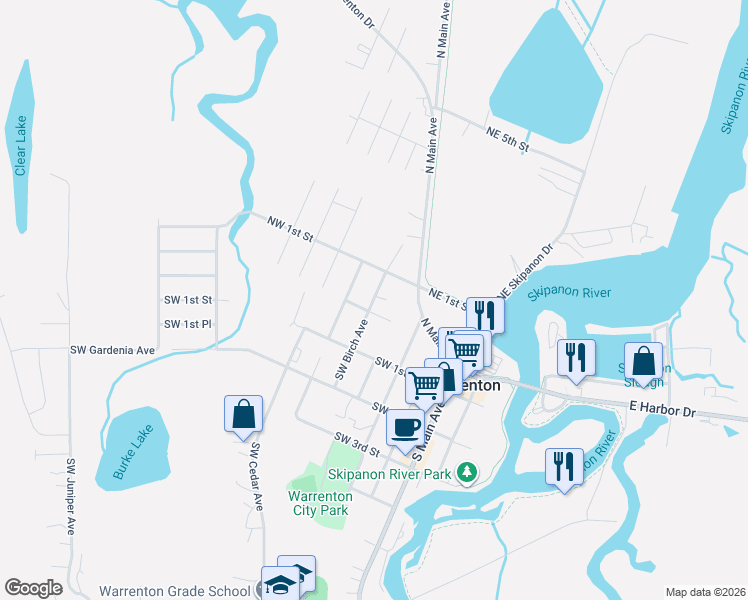 map of restaurants, bars, coffee shops, grocery stores, and more near 0 Northwest Birch Avenue in Warrenton