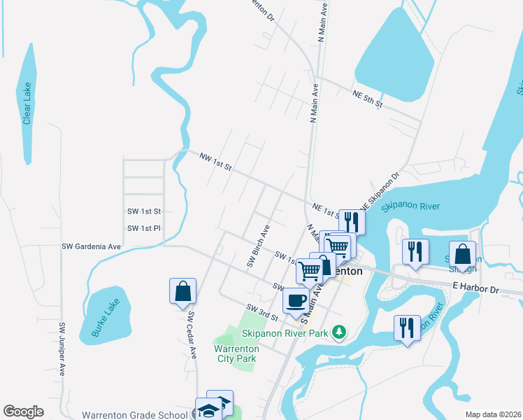 map of restaurants, bars, coffee shops, grocery stores, and more near 235 West Harbor Street in Warrenton